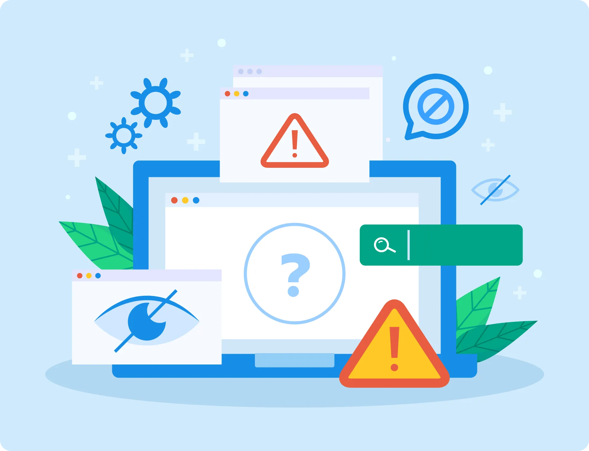 Illustration of a laptop screen with warning signs, a crossed-out eye symbol, and a search bar, symbolizing data privacy and security concerns.