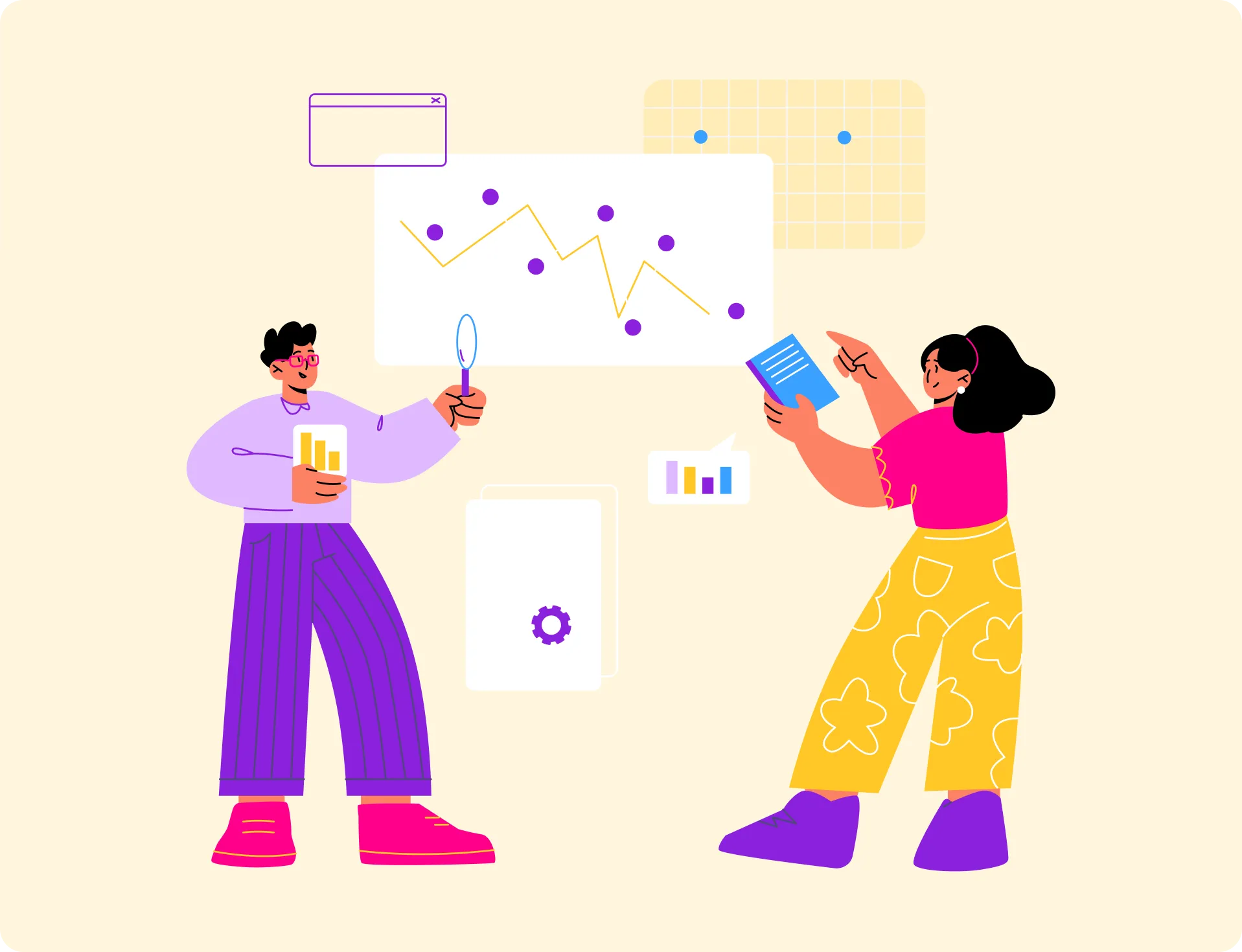Illustration of two people analyzing charts and data visualizations, one holding a magnifying glass and the other pointing at a chart.