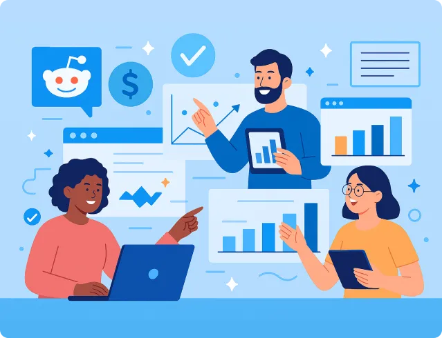 Three people collaborating with laptops and tablets, surrounded by charts, graphs, and a Reddit logo, symbolizing data analysis and teamwork.