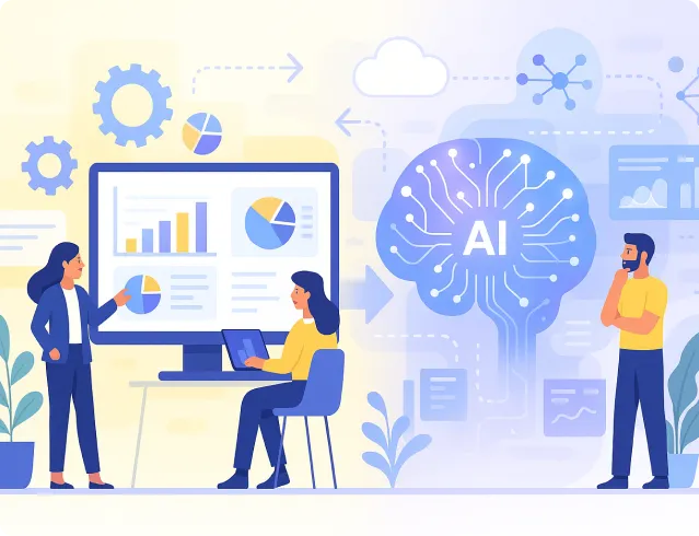Illustration of two women analyzing data charts on a large monitor and laptop with a man observing an AI brain graphic connected to data flow and network icons.