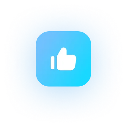 White thumbs-up like icon centered on a rounded blue square background.