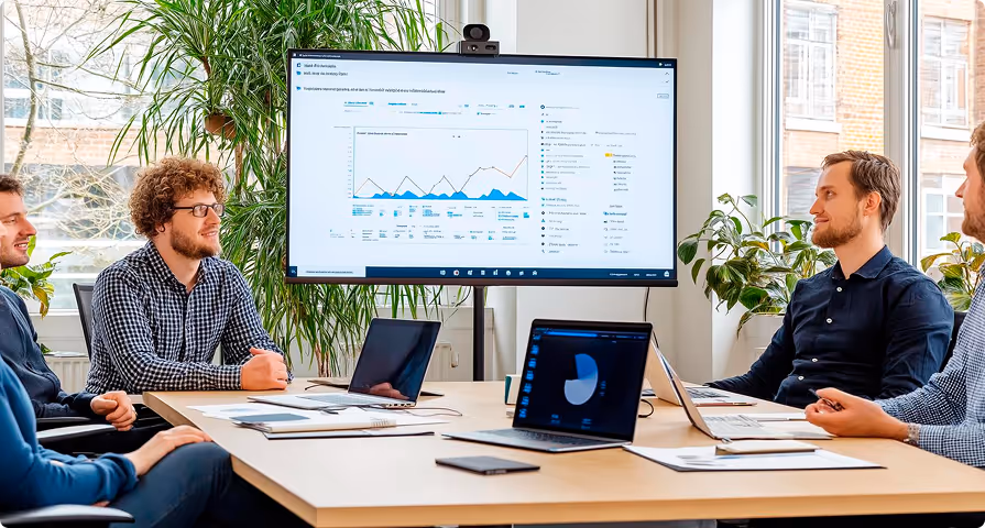 Four professionals in a meeting room discussing charts displayed on a large screen and laptops on the table.