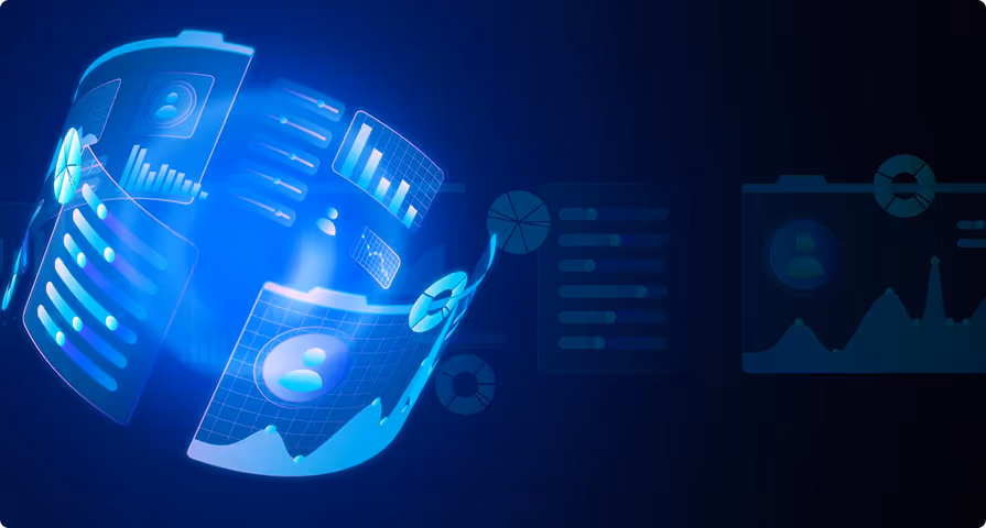 Glowing blue digital data panels with charts and graphs floating in a dark space.