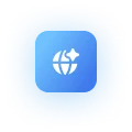 Blue square icon with a globe and a sparkle indicating scalability or global growth.