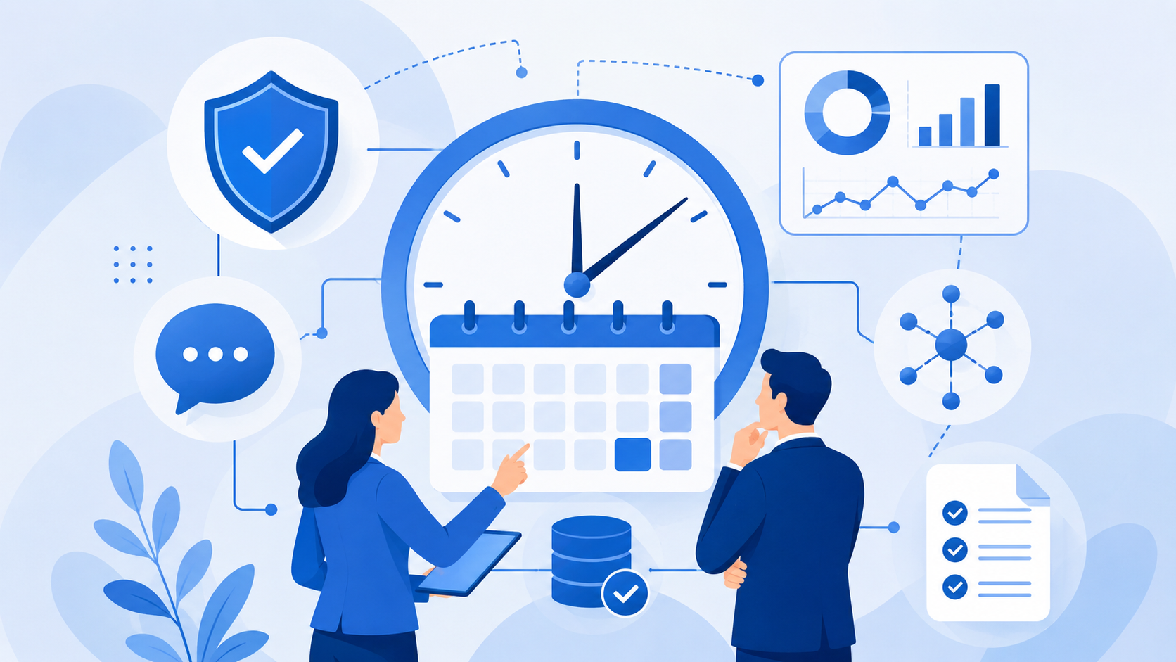 Two professionals reviewing AI Act compliance deadlines and governed analytics delivery on a calendar dashboard