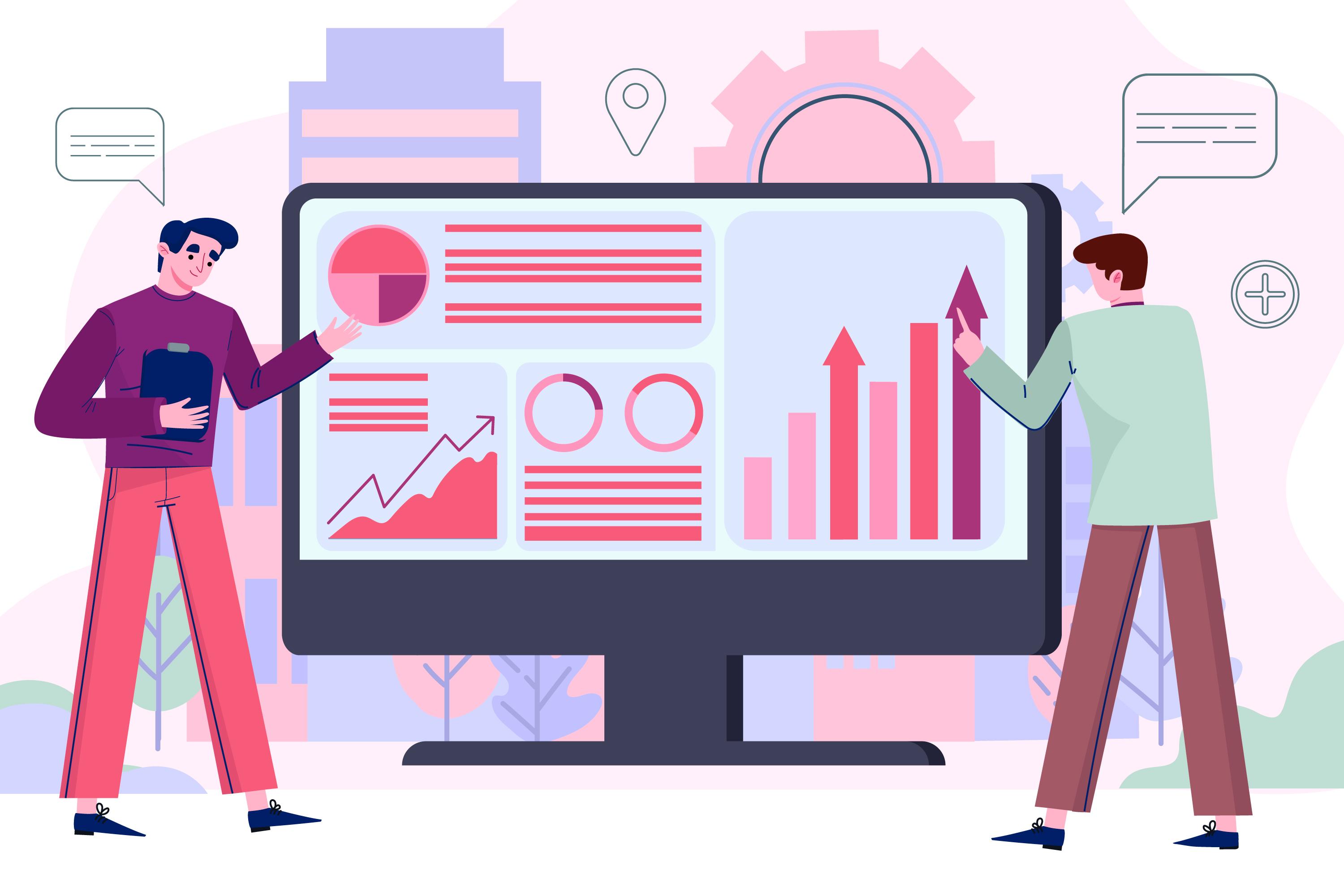 Two professionals reviewing Power BI embedded alternatives and client reporting options on a monitor